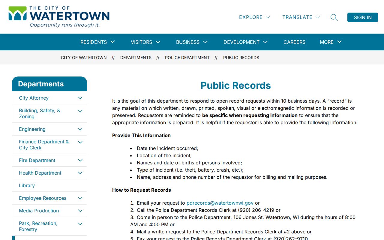Watertown police route for Jefferson County arrest report requests