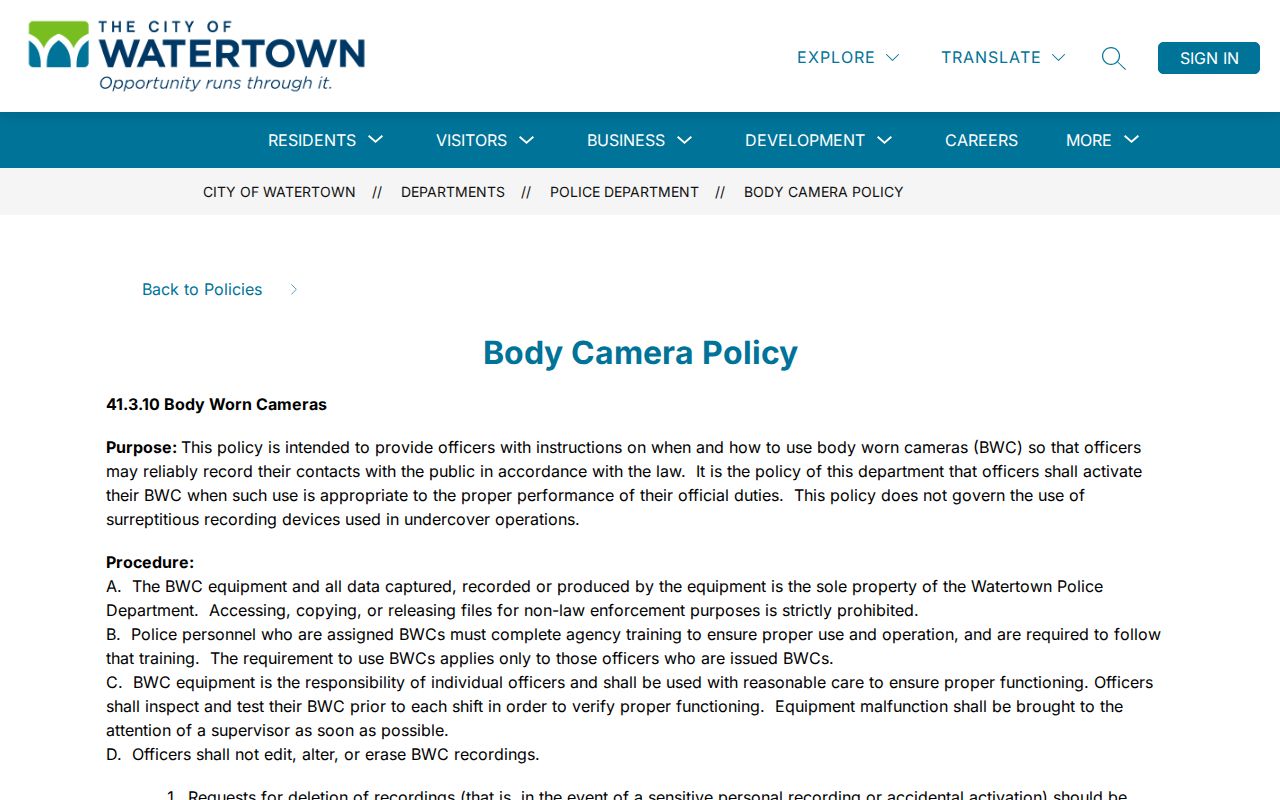Watertown body-camera criminal record retention policy