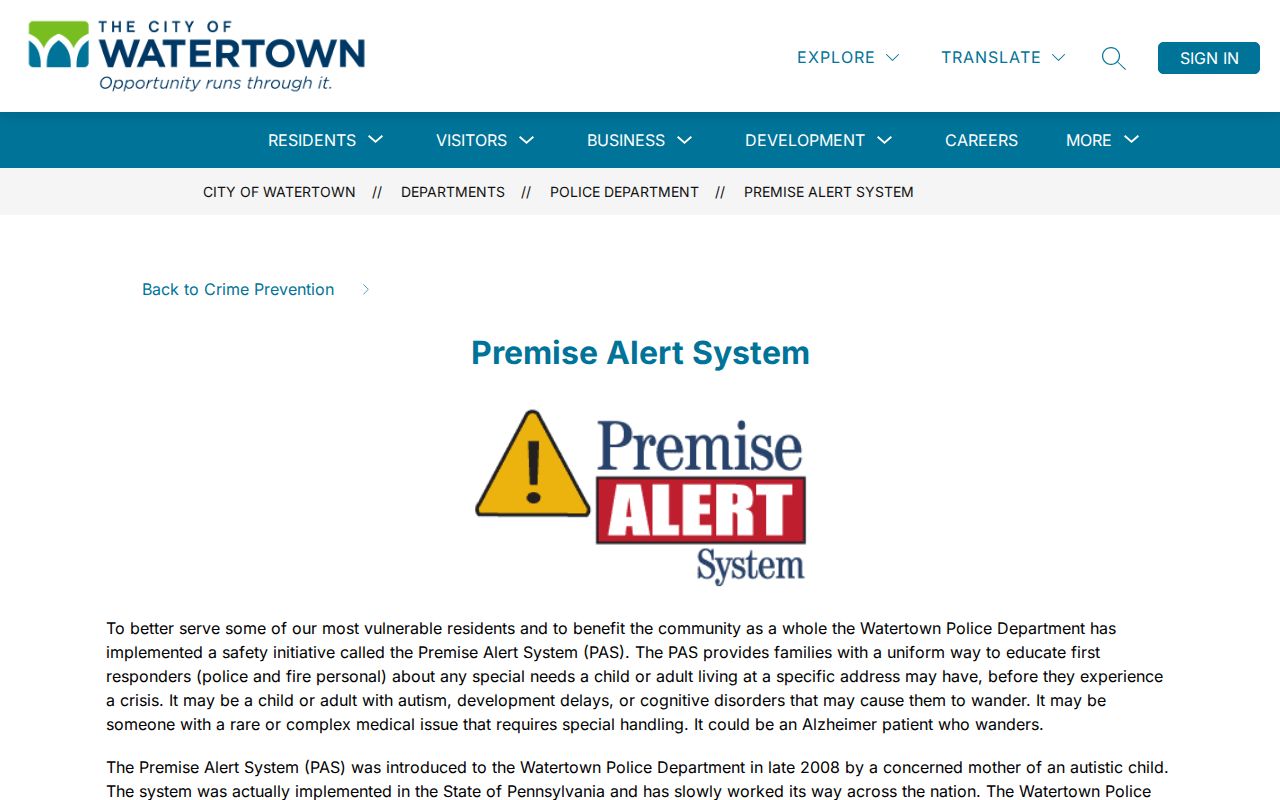 Watertown Premise Alert police record program source