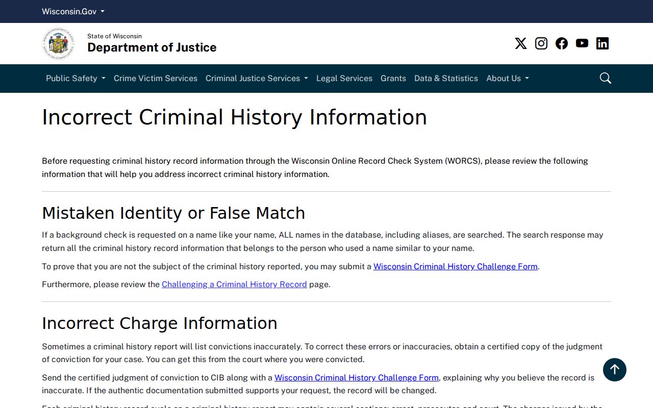 Correction options for Jefferson County criminal history information